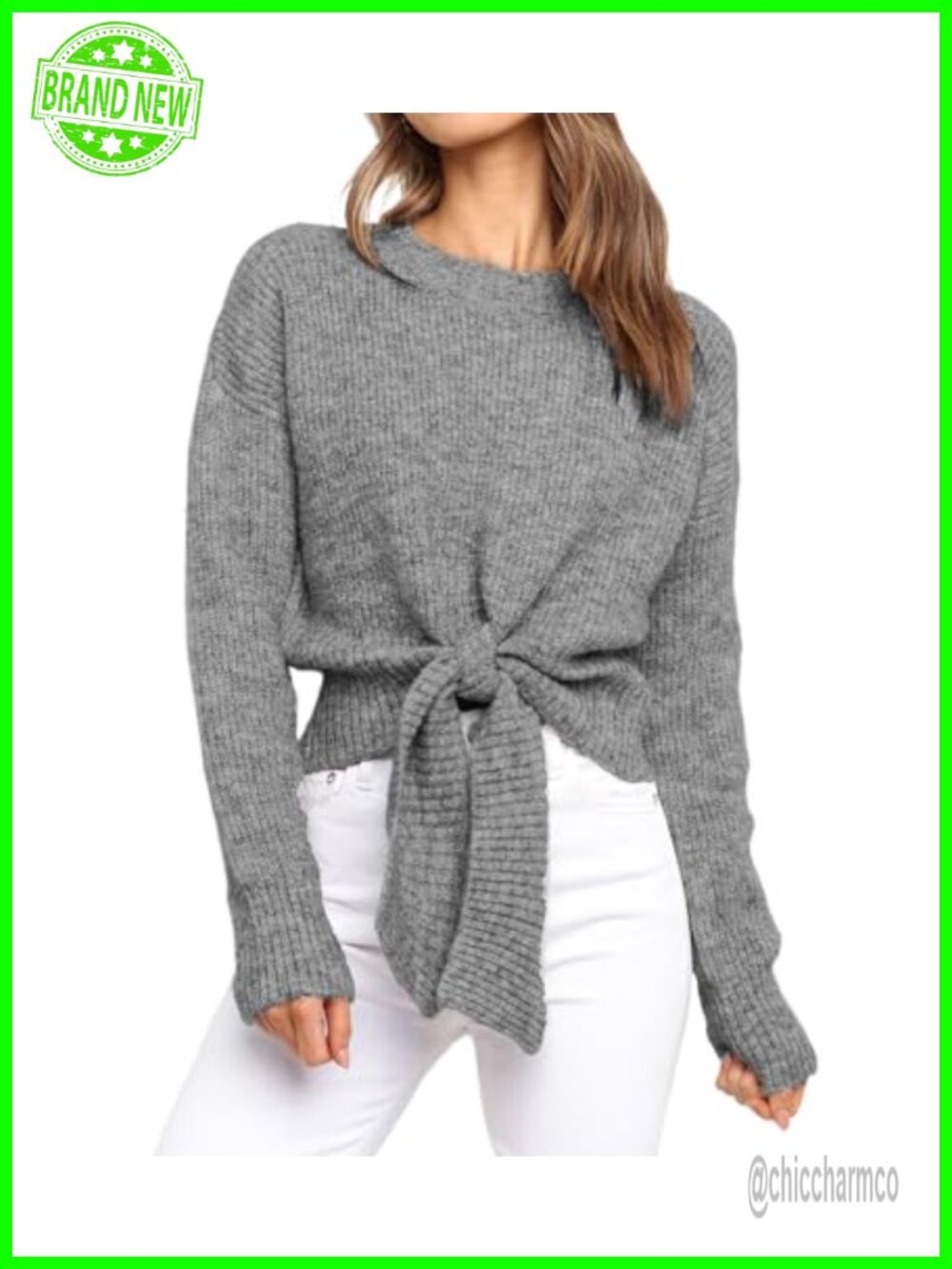 Womens Cable Knit Tie Front Cropped Sweater Long Sleeve Crew Neck